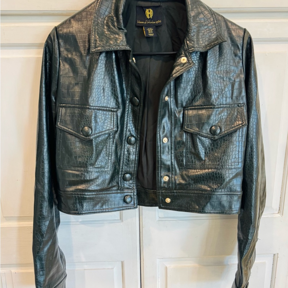 House of Harlow 1960 Croc-Embossed Black Leather Jacket